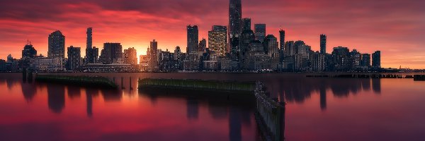 Miasto nocą, Manhattan, Lower Manhattan, Nowy Jork, Stany Zjednoczone, Wieżowce, Cieśnina East River