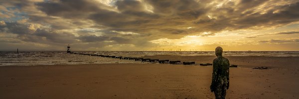 Anglia, Plaża Crosby Beach, Żeliwny, Rzeka Mersey, Zachód słońca, Liverpool, Posąg