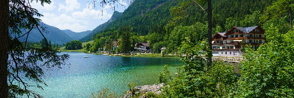 Niemcy, Drzewa, Domy, Góry Alpy, Jezioro Hintersee, Bawaria, Gmina Berchtesgadener