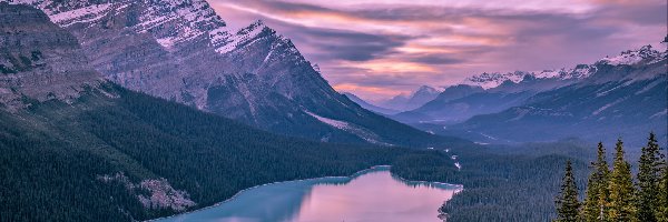 Kanada, Jezioro, Peyto Lake, Góry, Zachód słońca, Prowincja Alberta, Park Narodowy Banff