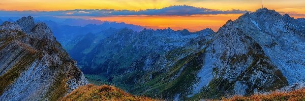 Szwajcaria, Prealpy Szwajcarskie, Szczyt Altmann, Alpy Zachodnie, Góry, Dolina, Zachód słońca