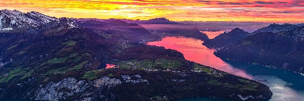 Jezioro Czterech Kantonów, Alpy Szwajcarskie, Góry, Szwajcaria, Zachód słońca