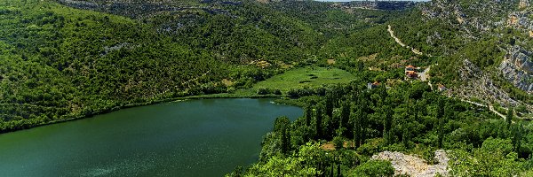 Park Narodowy Krka, Drzewa, Jezioro Visovac, Chorwacja, Lasy, Wzgórza