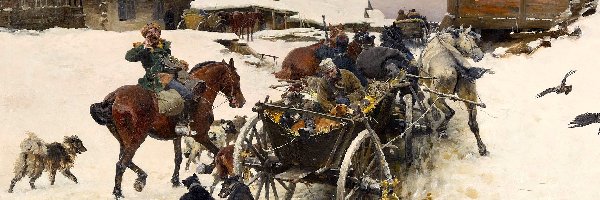 Zaprzęg konny, Śnieg, Józef Brandt, Obraz, Malarstwo, Domy, Psy, Zima, Konie