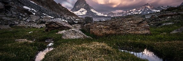 Skały, Alpy Pennińskie, Szczyt Matterhorn, Strumyk, Góry, Szwajcaria