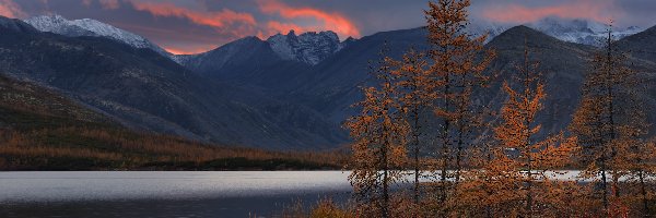 Jezioro Jack London, Góry, Rosja, Obwód magadański, Drzewa, Mgła, Kołyma, Jesień
