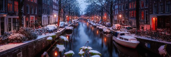 Amsterdam, Kanał, Domy, Holandia, Śnieg, Zima