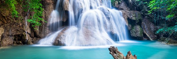 Las, Wodospad, Drzewa, Skały, Tajlandia, Kamienie, Mech, Rośliny, Rzeka, Huay Mae Khamin Waterfall, Krzewy