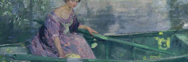 Sukienka, Karl Albert Buehr, Kobieta, Łódka, Obraz, Malarstwo