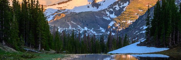 Góry Skaliste, Kolorado, Chmury, Drzewa, Park Narodowy Gór Skalistych, Jezioro, Las, Stany Zjednoczone