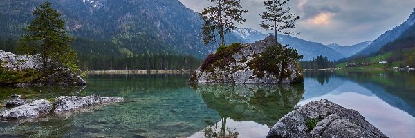 Drzewa, Góry Alpy, Niemcy, Bawaria, Skały, Kamienie, Gmina Berchtesgadener, Jezioro Hintersee