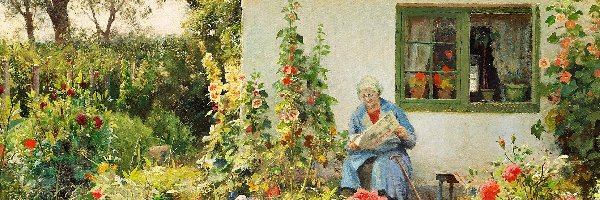 Kwiaty, Babcia, Peder Monsted, Obraz, Ogród, Dom, Malarstwo, Kobieta