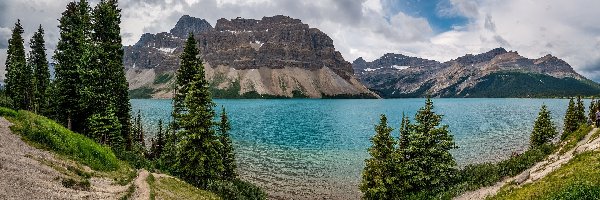 Chmury, Park Narodowy Banff, Jezioro Bow Lake, Prowincja Alberta, Kanada, Drzewa, Góry
