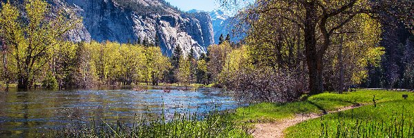 Wiosna, Trawa, Drzewa, Góry, Park Narodowy Yosemite, Stany Zjednoczone, Kalifornia, Ścieżka, Rzeka Merced River