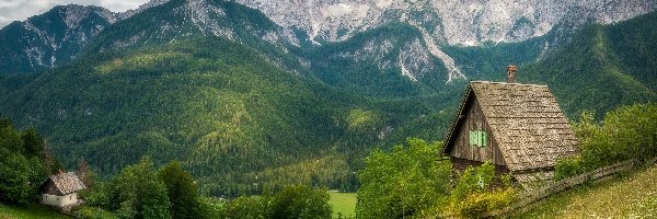 Słowenia, Las, Domy, Alpy Julijskie, Góry, Kranjska Gora, Chmury
