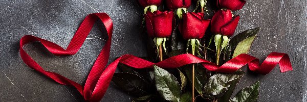 Róże, Serce, Wstążka, Czerwone