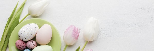 Wielkanoc, Talerzyk, Pisanki, Tulipany, Kwiaty, Tło, Białe