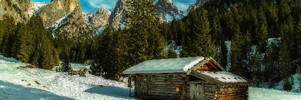 Chata, Alpy, Zima, Włochy, Dolomity, Góry