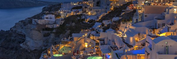Santorini, Wieczór, Oia, Grecja, Światła, Domy