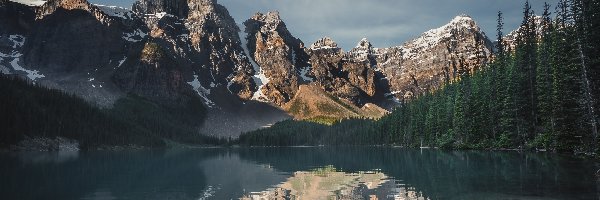 Drzewa, Moraine Lake, Kanada, Prowincja Alberta, Lasy, Góry, Park Narodowy Banff, Jezioro