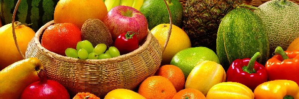 Kiwi, Banany, Winogrona, Kosz, Owoce, Jabłka, Ananas, Melon, Pomarańcze