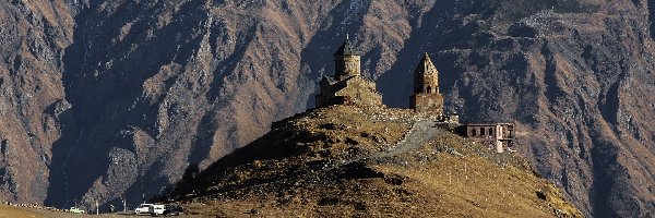 Klasztor, Kościół, Droga, Kazbek, Góry, Gruzja, Świętej Trójcy, Wzgórze, Cminda Sameba