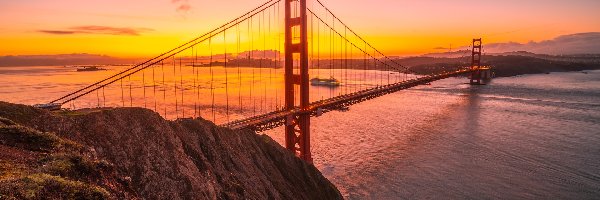 Stany Zjednoczone, Most Golden Gate Bridge, Stan Kalifornia, Zachód słońca, Cieśnina Golden Gate