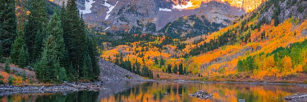 Stan Kolorado, Jezioro Maroon Lake, Drzewa, Stany Zjednoczone, Szczyty Maroon Bells, Góry Skaliste