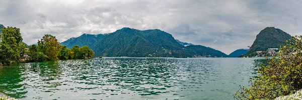 Drzewa, Góry, Chmury, Lago di Lugano, Alpy Lugańskie, Kwiaty, Jezioro, Szwajcaria