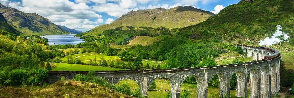 Wzgórza, Góry, Pociąg, Wiadukt Glenfinnan, Most, Szkocja, Glenfinnan, Dolina, Jezioro Shiel
