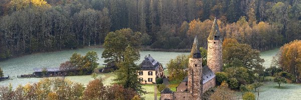 Nadrenia-Palatynat, Las, Drzewa, Niemcy, Dom, Zamek w Burch