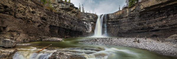 Rzeka, Crescent Falls, Kanada, Hrabstwo Clearwater, Skały, Drzewa, Nordegg, Wodospad
