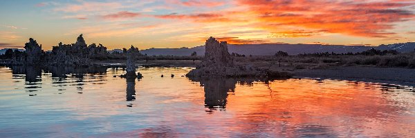 Stany Zjednoczone, Skały, Wschód słońca, Mono Lake, Jezioro, Kalifornia, Lee Vining