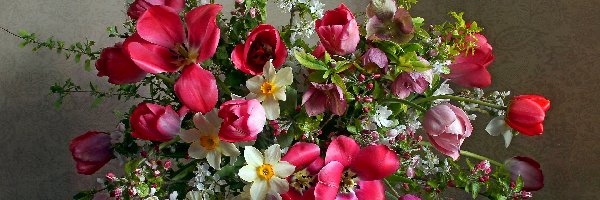 Kwiaty, Tulipany, Bukiet, Ciemierniki, Narcyzy