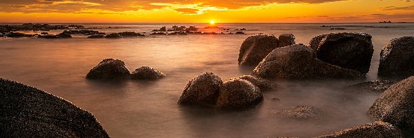 Australia, Kamienie, Głazy, Zachód słońca, Morze, Tasmania, Binalong Bay