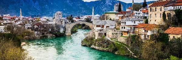 Stary Most, Neretwa, Mostar, Miasto, Bośnia i Hercegowina, Drzewa, Domy, Rzeka, Góry