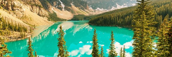 Góry, Park Narodowy Banff, Jezioro Moraine, Prowincja Alberta, Kanada, Drzewa, Dolina Dziesięciu Szczytów