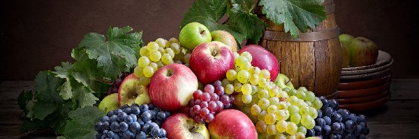 Owoce, Jabłka, Winogrona, Beczułka, Liście