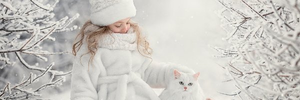 Biały, Zima, Kot, Dziewczynka