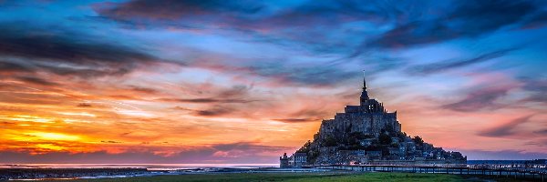 Normandia, Opactwo św Archanioła, Mont Saint Michel, Francja, Klasztor, Zachód słońca