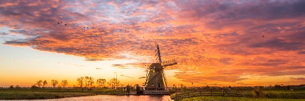 Kanał, Meerburger Mill, Holandia, Gmina Zoeterwoude, Rzeka, Chmury, Wschód słońca, Wiatrak