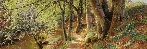 Ścieżka, Las, Drzewa, Malarstwo, Peder Mork Monsted, Kwiaty, Rzeka