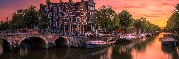 Most, Łódki, Kanał, Amsterdam, Holandia, Zachód słońca, Domy, Rzeka, Drzewa