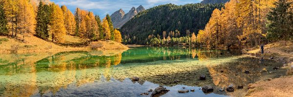 Alpy Retyckie, Lai da Palpuogna, Szwajcaria, Gryzonia, Góry, Drzewa, Jesień, Jezioro