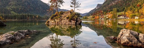 Drzewa, Jezioro Hintersee, Niemcy, Bawaria, Skały, Domy, Gmina Berchtesgaden, Góry