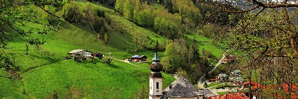 Drzewa, Lasy, Góry, Sanktuarium Maria Gern, Kościół, Niemcy, Bawaria, Alpy Salzburskie, Berchtesgaden