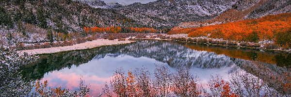 Jezioro, Jesień, North Lake, Drzewa, Stany Zjednoczone, Rośliny, Chmury, Kalifornia, Wschód słońca, Góry, Eastern Sierra