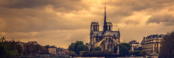 Paryż, Katedra Notre Dame, Domy, Francja, Most, Rzeka Sekwana