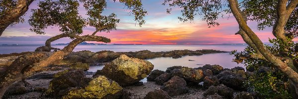 Zatoka Tajlandzka, Kamienie, Tajlandia, Prowincja Chonburi, Jezioro, Zachód słońca, Pattaya, Drzewa