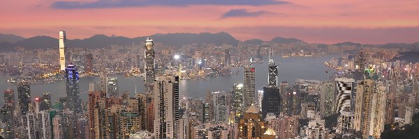 Hongkong, Delta Rzeki Perłowej, Zachód słońca, Chiny, Samolot, Wieżowce